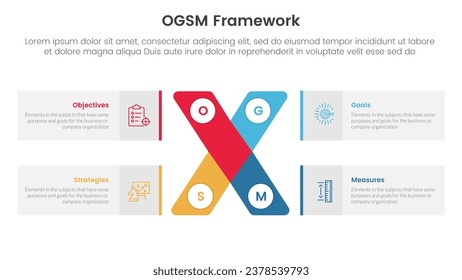 ogsmische Zielsetzung und Aktionsrahmen Infografik-4-Punkte-Vorlage mit x-Kreuzform- und Rechteckkasten für die Präsentation der Folie