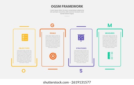 OGSM infographic outline style with 4 point template with creative rectangle box with separated line up and down for slide presentation vector