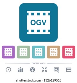 OGV movie format white flat icons on color rounded square backgrounds. 6 bonus icons included