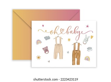 Oh Baby card with watercolor baby toy and clothes. Rustic Dusty Floral Cottagecore Gender Reveal invitation for baby shower party