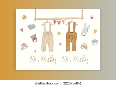 Oh Baby card with watercolor baby toy and clothes. Rustic Dusty Floral Cottagecore Gender Reveal invitation for baby shower party