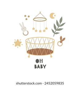 Oh Baby. Cartoon Babe Dekor Elemente, Handzeichnung Schriftzug. Bunte Vektorillustration, flacher Stil. Design für Grußkarten, Druck, Poster, Babydusche 