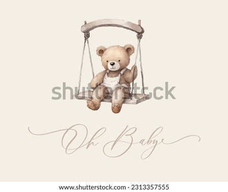 Oh baby. Cute baby shower watercolor invitation card card with teddy bear for baby and kids new born celebration