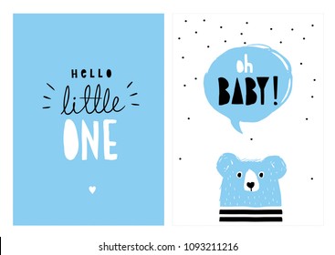 Oh Baby, Hello Little One. Blue Cute Bear with Blue Speech Bubble. Black Dots on White Background. Black and White text at Blue Background. Hand Drawn Vector Illlustration. Baby Shower Theme.
