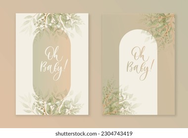 Oh Baby. Baby Shower Arch Invitation card with calligraphy and green watercolor botanical leaves. Abstract floral art background vector design for wedding and vip cover template svg