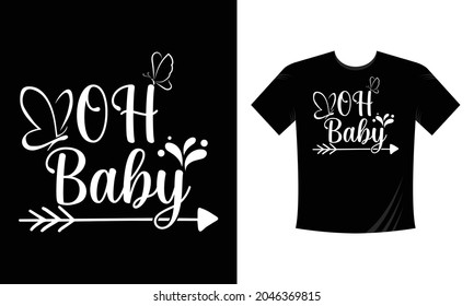 Oh Baby. Baby shower hand drawn grotesque lettering, calligraphy phrase. Simple vector text for cards, invintations, prints, posters. Stars, heart, fluorishes decor. Landscape design.