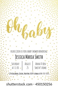 Oh Baby. Baby Shower invitation card template. Classic golden calligraphy vector lettering. White background with gold glittering polka dot decoration.