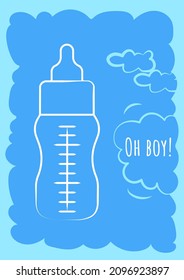 Oh boy blue postcard with linear glyph icon. Expecting baby birth. Greeting card with decorative vector design. Simple style poster with creative lineart illustration. Flyer with holiday wish