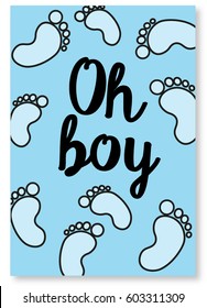 Oh boy cute blue baby shower card with footprints