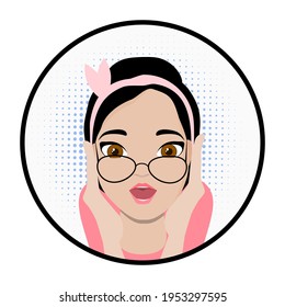 Oh! Cartoon friendly brunette woman wearing glasses opened her mouth in surprise and opened her eyes wide, girl surprised and amazed.