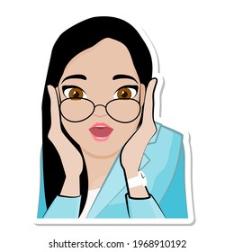Oh! Cartoon friendly brunette woman wearing glasses opened her mouth in surprise and opened her eyes wide, girl surprised and amazed.