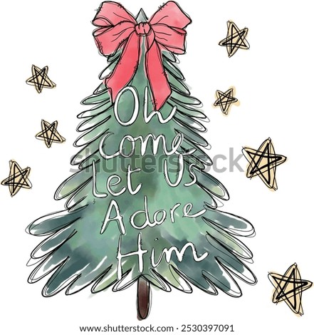 Oh Come Let Us Adore Him Coquette christmas tree. Art and Illustration