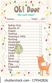 Oh Deer Baby Shower She said What Layout Template, Off white color Do it Yourself Game woodland theme for boy and girl, Unisex mommy to be activity card, cute pink bird and autumn leaf swirl frame