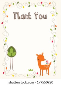 Oh Deer  Baby Shower Thank You Layout Template, Off white color woodland theme Note for boy and girl, Unisex mommy to be greeting card, cute pink bird and autumn leaf swirl frame