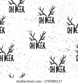 Oh Deer Christmas Calligraphy words seamless vector pattern on white ink grungy background