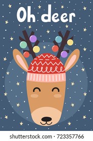 Oh deer christmas greeting card/postcard. Vector illustration