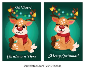 Oh Deer! Christmas is Here and Merry Christmas Wishes Greeting Card Designs with Cute Reindeer Illustrations