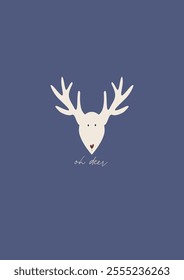 Oh deer vector Christmas card. Cute deer  on a blue background. Winter holiday illustration. Christmas greeting card. Happy New Year background.