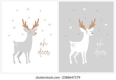 Oh ciervo. Tarjeta vectorial de vacaciones de invierno. Curioso reno feliz entre estrellas.Gracioso Baby Stag aislado en un fondo blanco y gris claro. Impresión navideña ideal para tarjeta, arte en pared. Bonita caricatura de Deer.Rgb.