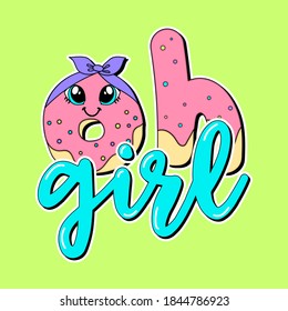 OH GIRL TYPOGRAPHY, ILLUSTRATION OF A CUTE DONUT WITH SPRINKLES, SLOGAN PRINT VECTOR