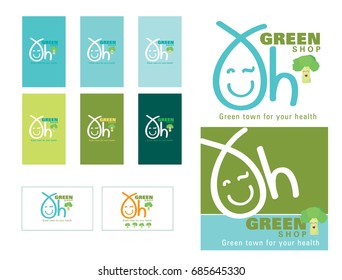 Oh green shop logo and card set , vector design for your organic shop, for natural shop