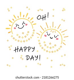 "Oh happy day" Poster. Cute Sunset or Sunrise Smiling Doodle Faces. Funny Half Sun Childish Bright Yellow Print for Kids Design. Vector illustration