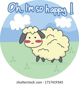 Oh, i'm so happy! Vector cartoon of sheep on a grass with a blue sky background. Birthday and baby shower cards.
