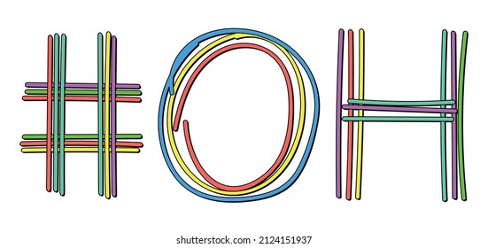 OH Hashtag. Isolate neon doodle lettering text from multi-colored curved neon lines like from a felt-tip pen, pensil. #OH is abbreviation for the US America state Ohio for banner, social network