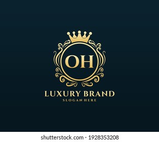 OH Initial Letter, Gold text with feminine floral hand drawn heraldic monogram, Antique vintage style luxury logo design.