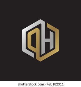 OH initial letters looping linked hexagon elegant logo golden silver black background