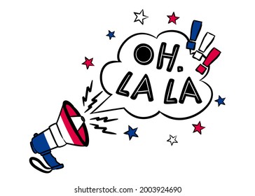 Oh, la la. Comic speech bubble with shout in the colors of the French tricolor. Pop art Vector illustration for a festive or holiday decoration for France. Translation: Oh dear