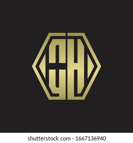 OH Logo monogram with hexagon line rounded design template with gold colors