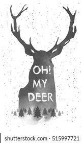 Oh my deer. Merry Christmas. Vintage hand drawn illustration with a reindeer silhouette, floral design elements and lettering. This illustration can be used as a greeting card, poster or print.