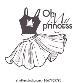 Oh my princess shop logo. Young girls fashion apparel, summer clothes set. Strappy top with crown print, flared flowy skirt. Hand drawn sketch illustration on white background and text.