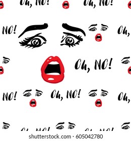 Oh, NO! Beautiful women fearful vector emoticons, emoji, smiley icons, characters. Fashion illustrated women's emotional faces seamless pattern.