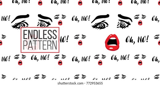 Oh, NO! Beautiful women fearful vector emoticons, emoji, smiley icons, characters. Fashion illustrated women's emotional faces seamless pattern.