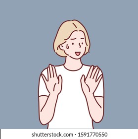 Oh no, stop there. Serious beautiful woman rejects offer, pulls palms in no gesture, asks to stop this. Hand drawn style vector design illustrations.