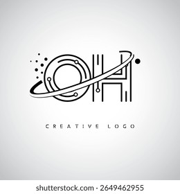Logotipo do Monograma da Órbita de OH - Marca de Letra Mínima Futurista com Linha de Arte Circular, Pontos Inspirados na Tecnologia e Conceito de Movimento Espacial para Identidade de Marca Moderna