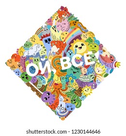 Oh, that is all. Swear russian phrase with funny doodle monsters on a background. Art for prints, designs, cards and coloring books. Vector illustration