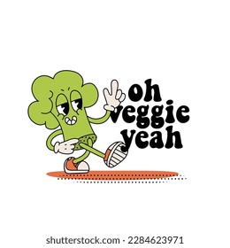 Oh veggie sí - carta de motivación, cartel, afiche con caracteres retro de dibujos animados de verduras. Motivacional frase tipográfica de estilo de vida saludable. Ilustración del contorno vectorial de la madrugada de mano.