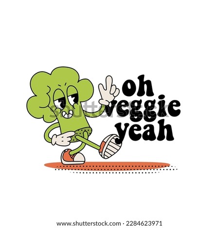 Oh veggie yeah - motivation quote card, banner, poster with retro cartoon chracters of vegetables. Motivational healthy lifestyle typographic phrase. Hand rdawn vector contour illustration.