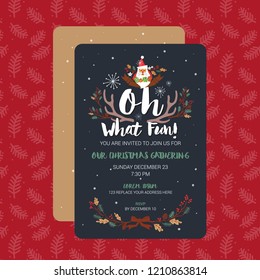 Oh What Fun Christmas Party Invitation Card Template. Vector Illustration