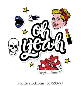 " Oh yeah". Sketch comics Set of stickers with skull, smiling girl face, text oh yeah, lipstick and handmade calligraphy quote. Girlish fashion elements in bright colors.  Fashion patch badges.