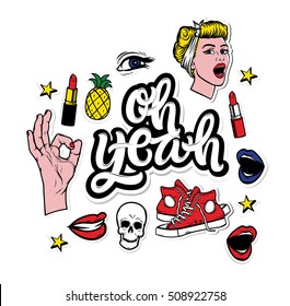 " Oh yeah". Sketch comics Set of stickers with skull, smiling girl face, text oh yeah, lipstick and handmade calligraphy quote. Girlish fashion elements in bright colors. Fashion patch badges.
