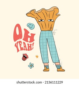 Oh yeah slogan with psychedelic mushroom, flowers and other retro elements. 70's Groovy Themed in Hand Drawn style. Hippie illustration for girl tee, t-shirt and sticker, poster design