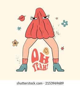 Oh yeah slogan with psychedelic mushroom, flowers and other retro elements. 70's Groovy Themed in Hand Drawn style. Hippie illustration for girl tee, t-shirt and sticker, poster design