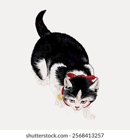 Ohara Koson's Cat, pet animal illustration, vintage vector element. Vintage cat pet animal illustration. Vintage cute cat, domestic animal art drawing illustration, old painting art print of pet.