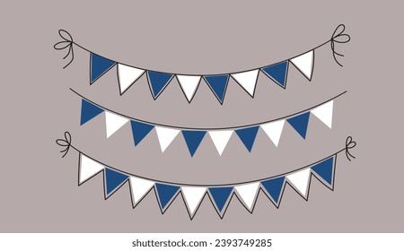 Ohi Day. Greek holiday greeting card.  Greece garland of white and blue triangular flags. Decorative garland set. Doodle vector illustration.