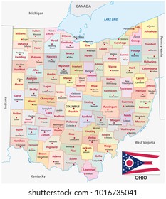 Ohio administrative and political vector map with flag