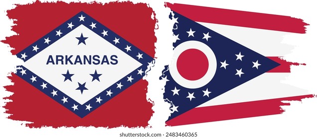 Ohio and Arkansas states grunge brush flags connection, vector